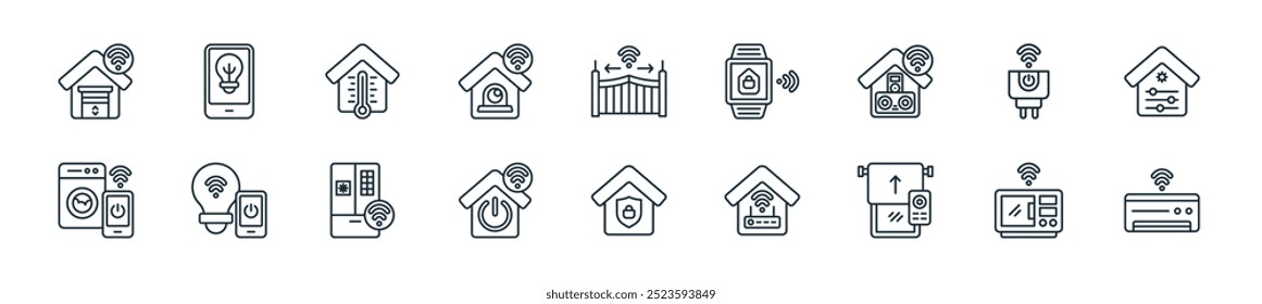 Perfecto para diseños de interfaz de usuario lineal con aire acondicionado de Vector, microondas, cortina inteligente, conexión WiFi, protección, smartome, refrigerador inteligente y más íconos para el hogar inteligente