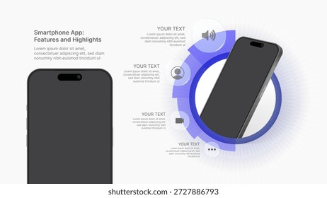 O aplicativo Smartphone moderno apresenta ilustração de vetor infográfico, conceito de design UX de interface do usuário móvel, maquete de smartphone com elementos de tecnologia para promoção de recurso de aplicativo