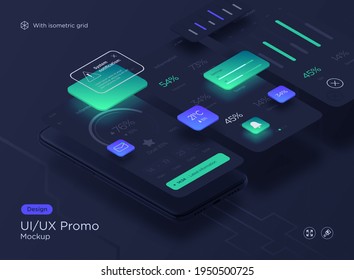 Modern Smartphone App Interface Design Mockup. Vector Isometric Illustration.