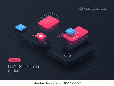 Modern smartphone app interface design mockup. Vector isometric illustration.