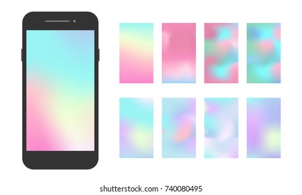 Modern Smartphone App Screen. Soft Color Gradient Background. Holographic Wallpaper Set. Vector