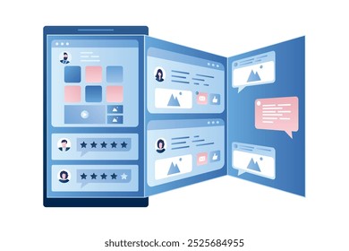 Smartphone moderno con aplicaciones en tres pantallas. Web de surf o chat en redes sociales. Señales y Botones de Internet. Teléfono móvil con páginas de redes sociales. Ilustración vectorial de estilo de moda