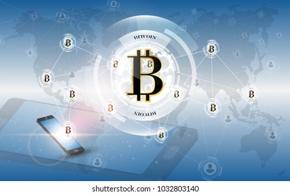 Modern smartphone with bitcoin digital money network concept