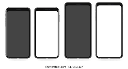 Modern Smartphone with Blank Black and White Screen. Cell Phone Front View Mockup for UI design. Two Popular Sizes Variants. Mobile Phone Template. Vector Illustration.