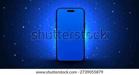 Modern smartphone with a blank blue screen displayed on a glowing hexagonal technology background. Ideal for digital concepts. Vector illustration