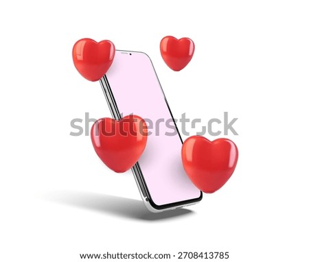 Modern smartphone with blank pink screen surrounded by 3D red hearts on white background, concept of online dating, valentines messages, mobile love and social media likes