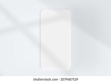 smartphone moderno con pantalla en blanco sobre una mesa con luz solar desde la ventana. Modelación vectorial realista con efecto de destello solar 
