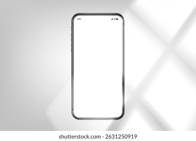 Modern smartphone with blank screen on bright background with window light. 3d vector mockup