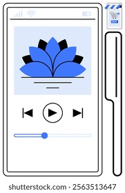 Modern smartphone with a blue lotus flower image on a music streaming app interface. Includes play, pause, and volume options. Ideal for technology, music, apps, digital art, modern design. Flat