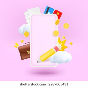 Modern smartphone with business elements and blank screen. 3d vector illustration