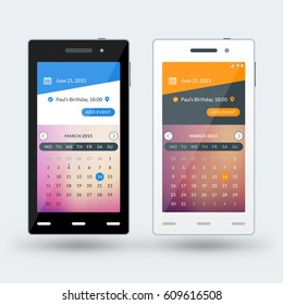 Modern smartphone with calendar app on the screen. Flat design template for mobile apps. Black and white smartphones. Vector illustration