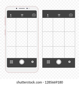 Modern smartphone with camera application. User interface of camera viewfinder. Mobile phones with focusing screen of the camera video, photo. Photo shoot for social network.