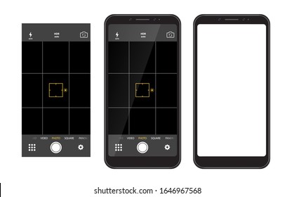 Modern smartphone with camera application. User interface of camera viewfinder. Mobile phones with focusing screen of the camera video, photo. Photo shoot for social network