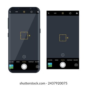 Modern smartphone with camera application. User interface of camera viewfinder. Focusing screen in recording time. Gallery, hdr, quality, image stabilization icon, ui. Vector illustration flat style