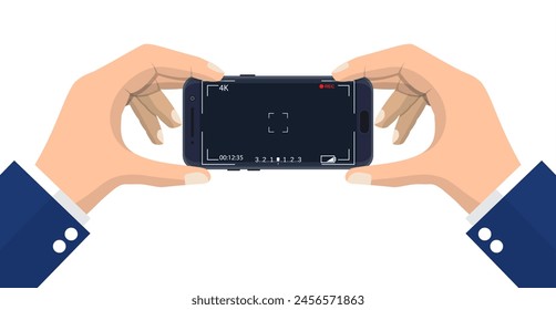 Modern smartphone with camera application. User interface of camera viewfinder. Focusing screen in recording time. Vector illustration flat style