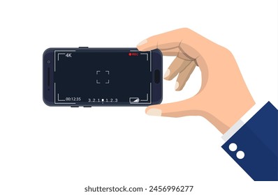 Modern smartphone with camera application. User interface of camera viewfinder. Focusing screen in recording time. Vector illustration flat style