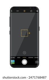 Modern smartphone with camera application. User interface of camera viewfinder. Focusing screen in recording time. Gallery, hdr, quality, image stabilization icon, ui. Vector illustration flat style