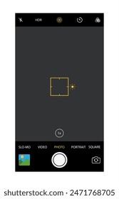 Modern smartphone camera application. User interface of camera viewfinder. Focusing screen in recording time. Gallery, hdr, quality, image stabilization icon, ui. Vector illustration flat style