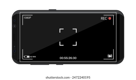 Modern smartphone with camera application. User interface of camera viewfinder. Focusing screen in recording time. Battery status, quality, image stabilization icon, ui. Vector illustration flat style