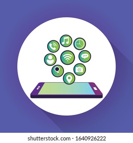 Modern smartphone with cloud of mobile apps over it. Isometric vector illustration