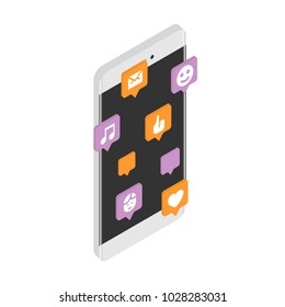 Modern smartphone with cloud of social media speech bubbles. Isometric vector illustration.