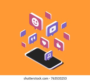 Modern smartphone with cloud of social media speech bubbles over it. Isometric vector illustration