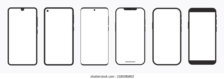 Colección moderna de Smartphone Set Notch Bezel Flat Blank Mockup Pantalla táctil Tecnología Gadget Illustration Template