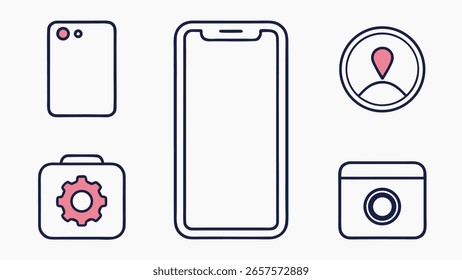 Moderna colección de smartphone de contornos estilizados con iconos establecidos para un diseño App
