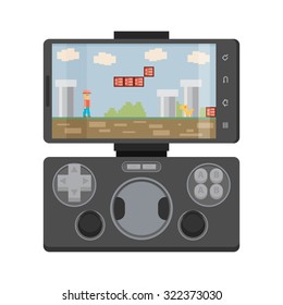 Modern smartphone connected with gamepad, isolated on white background. Flat vector.