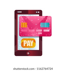 Modern smartphone and credit card, phone wallet, mobile payment, online banking, shopping, e commerce concept flat vector isolated on a white background