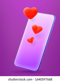 Modern smartphone with cute red hearts. 3d comic style editable vector illustration 