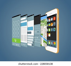 Modern smartphone with different application screens. Design elements