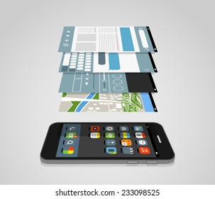 Modern smartphone with different application screens. Design elements