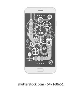Modern smartphone with different steampunk vintage cogs, gears and scales inside. Vector illustration.