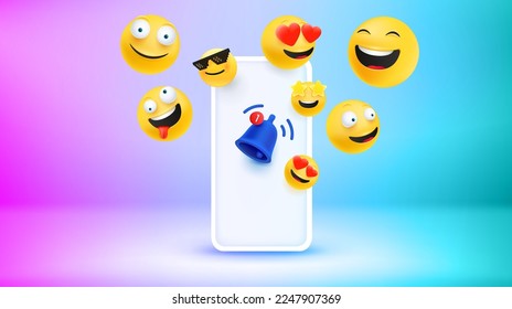 Modern smartphone with emojis. New messages concept. Vector 3d banner 