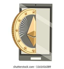 Modern smartphone with ether cryptocoin poster