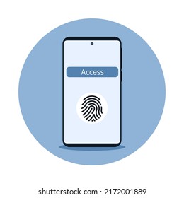 Modern smartphone with fingerprint icon on the screen. Scanning finger on smartphone to unlock screen or finger scan access on mobile phone screen. Concept of biometric authorization