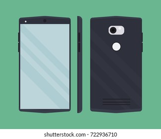 Modern smartphone in flat style. Device set. Front, back and form the side view mockup template. Vector illustration.