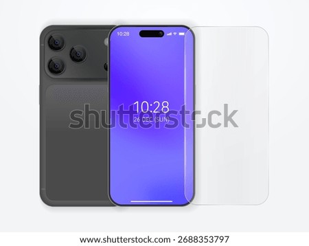 Modern Smartphone with Front and Back View, Screen Protector Mockup, Triple Camera Design, Purple Gradient Display