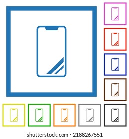 Smartphone moderno con brillantes iconos de color plano en marcos cuadrados sobre fondo blanco