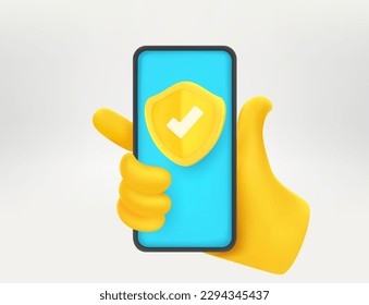 Modern smartphone with golden shield in the hand. Mobile security concept. 3d vector illustration