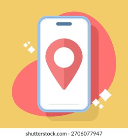 Smartphone moderno con un puntero de ubicación GPS, que ilustra la navegación móvil, las direcciones de viaje y los servicios basados en la ubicación en un estilo gráfico limpio.