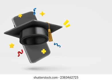 Modern smartphone with graduation cap. 3d vector banner with copy space