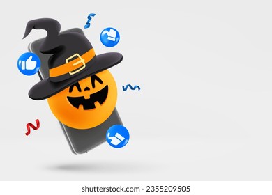 Modern smartphone with halloween emoji social media icons . 3d vector banner with copy space