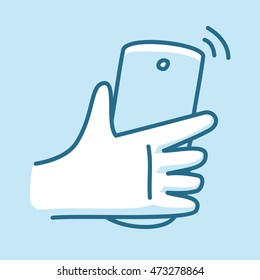 Modern smartphone in hand, receiving phone call. Line style icon