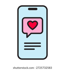 Modern smartphone with heart message icon. Editable stroke line art with color fill. Perfect for Valentine's Day apps, digital dating, and romantic notifications. High-quality vector.