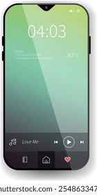 A modern smartphone home screen design featuring weather details, temperature, and a music player interface with playback controls.