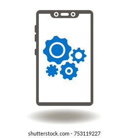 Modern smartphone icon with thin frames and gears mechanism. Innovation Smart Phone Vector. Innovation Frameless Telephone Logo.