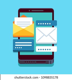 Modern smartphone with incoming open message, text and chats. Flat style. Vector illustration, isolated.