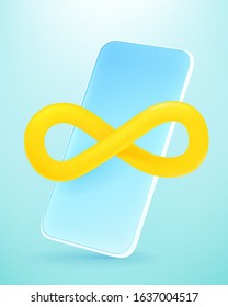 Modern smartphone with infinity sign. 3d comic style editable vector illustration